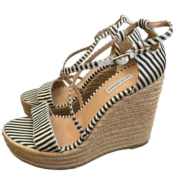 Tabitha Simmons Black and Beige Striped Espadrille Wedge Sandals Size 40 US 9 - Picture 4 of 11